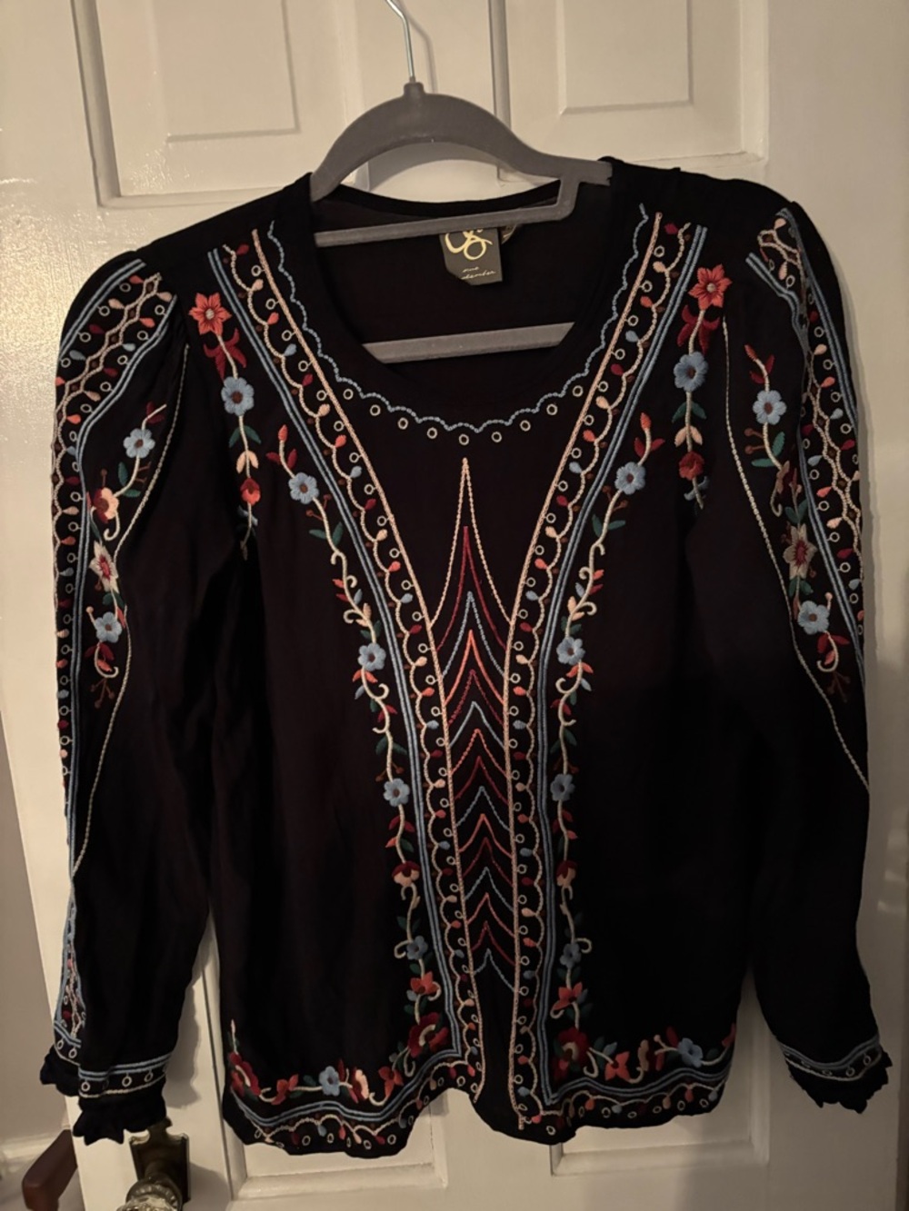 Anthropologie Black Embroidered Floral Top